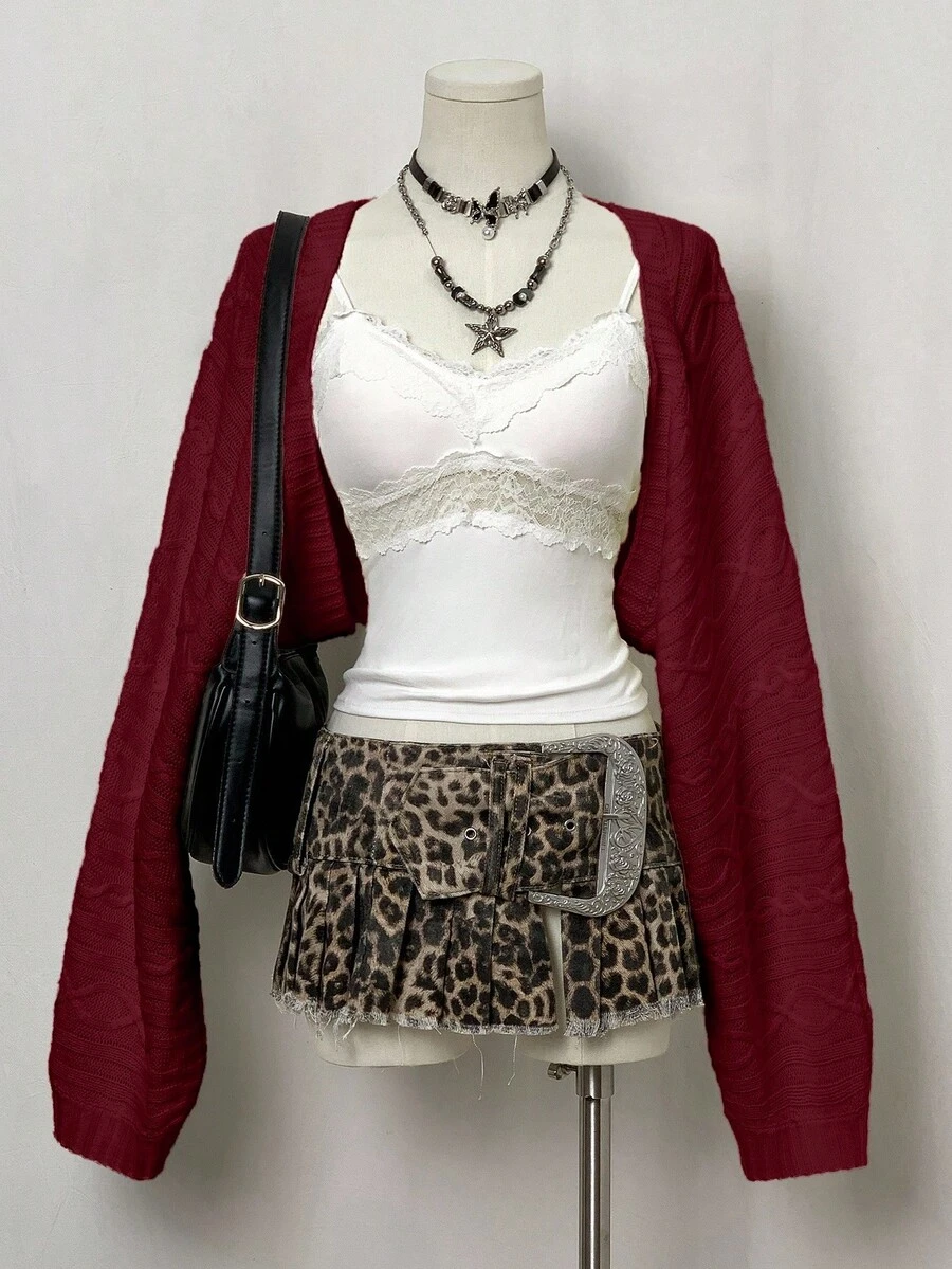 EgrlEra Jeanoir纯色长袖极简短款开衫，休闲日常穿搭，长袖上衣，90年代复古女装 - 紅色 - 查看 1