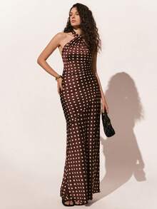 Poéselle 女士波点印花优雅交叉吊带连衣裙 - 棕色 - 查看 6