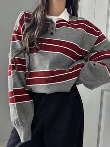 FRIFUL Women's Polo Collar Striped Contrast Color Casual Sweater - Grey - View 4