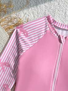 SHEIN 少女拼接条纹插肩袖连体泳衣 - 粉色 - 查看 5