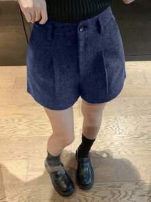 DAZY 女款純色休閒寬鬆羊毛混紡短褲，適合秋冬校園穿著 - 黑色 - 查看 2