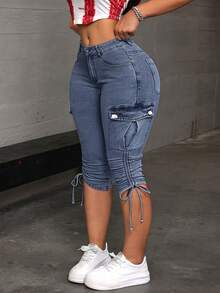 Jeanoix Plus Size Women's Cargo Pocket Drawstring Design Cropped Casual Jeans - Blue - View 1