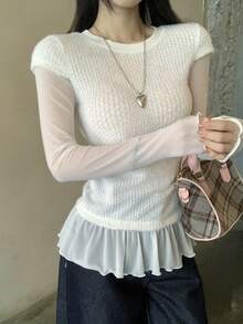 DAZY 女士圆领长袖荷叶边下摆二合一T恤 - 灰色 - 查看 2