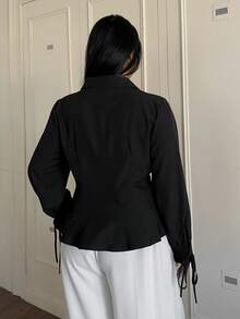 Flirla 褶裥条纹休闲长袖衬衫，百搭修身款，春秋季 - 黑色 - 查看 3