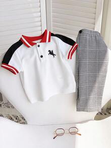 Set de 2 piezas de camisa polo de manga corta casual y pantalones a cuadros de cintura elástica para niño pequeño, adecuado para fiesta de cumpleaños, fiesta de noche, actuación, boda, baby shower, celebración del 1er cumpleaños - Multicolor - Ver 2