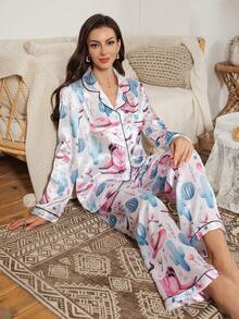 Serenescape 仿丝绸印花翻领开衫和裤子女士睡衣套装 - 彩色 - 查看 1