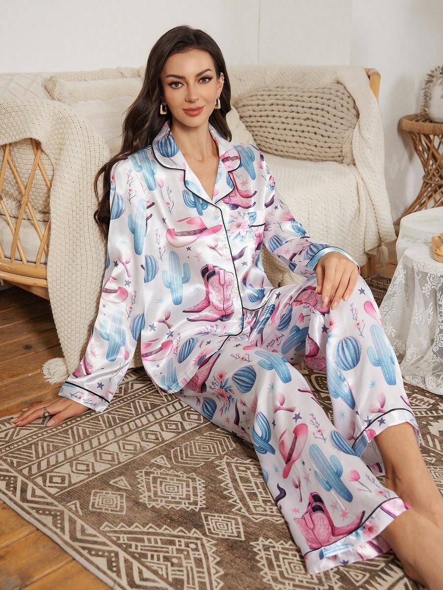 Serenescape 仿丝绸印花翻领开衫和裤子女士睡衣套装 - 彩色 - 查看 1