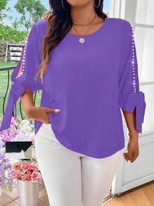 EMERY ROSE Áo kiểu nữ cỡ lớn, chất liệu dệt trơn, trễ vai, thắt nơ ngọc trai, thanh lịch, thường ngày. - Màu tím - Xem 5