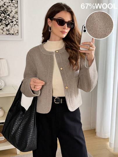 Easowa Chaqueta de lana de mezcla de unicolor casual para mujer, otoño/invierno