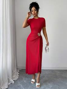 Elenzga Vestido elegante con decoración floral metálica, drapeado y fruncido, apropiado para fiestas, bodas, San Valentín. Vestido rojo de moda para la primavera/verano temprano y uso casual diario - Rojo - Ver 4