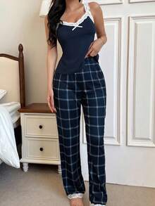 SHEIN 女士撞色蕾丝拼布吊带背心和格子印花长睡裤套装 - 藏蓝色 - 查看 4
