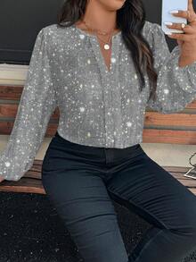 EMERY ROSE 大码女式亮面V领长袖优雅衬衫 - 彩色 - 查看 4