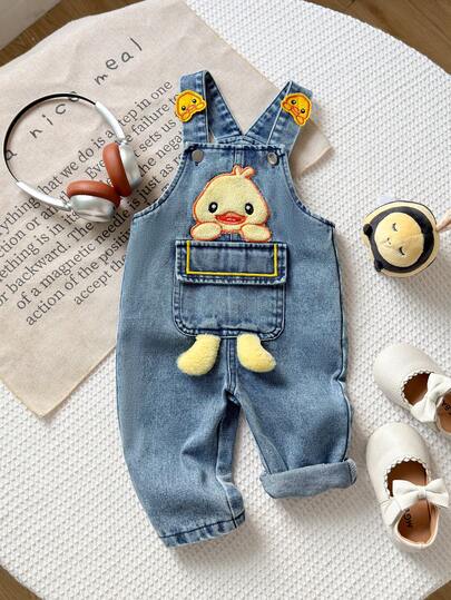 Playful Pals 1pc Baby Boys Vintage Casual Denim Overalls With Cute Duck Print, Loose Fit Bib Pants, Suitable For Spring And Autumn Seasons