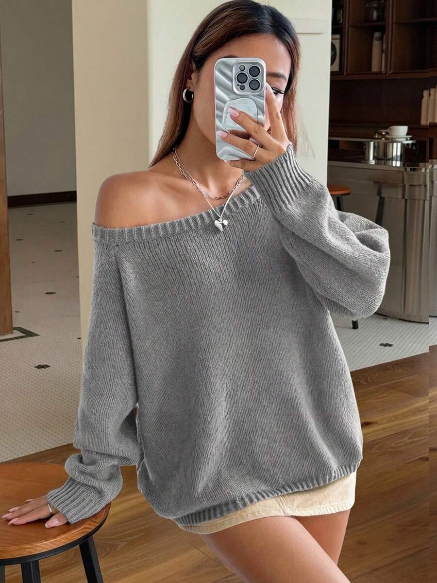 SHEIN EZwear Boat Neck Raglan Sleeve Sweater,Long Sleeve Tops In Fall/Winter