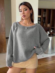 SHEIN EZwear Boat Neck Raglan Sleeve Sweater,Long Sleeve Tops In Fall/Winter