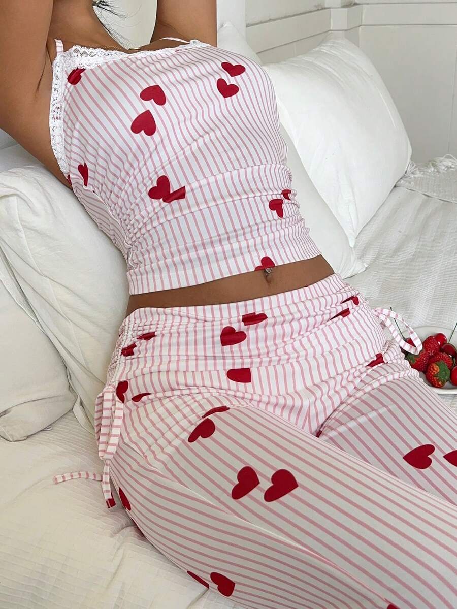 CovetEZ 2件套 女士条纹爱心印花吊带背心和喇叭裤 - 紅白色 - 查看 1