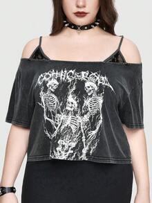 ROMWE Goth Plus Size Punk Skull Printed Distressed Short Sleeve Layered T-Shirt, School, For Summer - Black - View 2