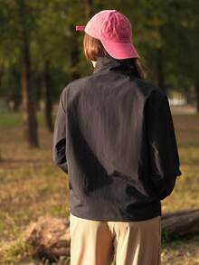 SHEIN In My Nature 女士字母印花拉链半开襟长袖户外卫衣徒步上衣 女士四分之一拉链防风外套 - 黑色 - 查看 2