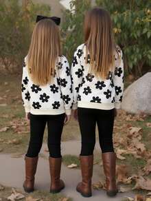 SHEIN 2 pièces/Set Ensemble Sweat-shirt à col ras du cou à manches longues et pantalon imprimé floral pour préadolescentes, automne/hiver - Noir et Blanc - Voir 6