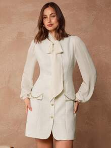 Enchnt Spring Autumn Women's Elegant Off-White Tweed Tie Collar Lantern Sleeve Mini Dress,Chic For Work,Date&&Daily Commute White Dresses - White - View 6