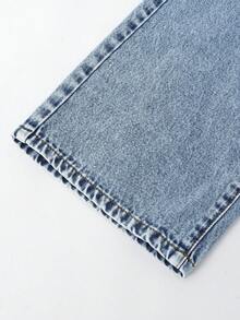 SHEIN 少女款破洞宽松阔腿休闲牛仔裤，复古美式风格 - 中等水洗藍 - 查看 3