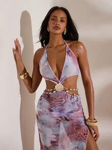Opulessa Vestido de playa sin espalda con estampado animal para mujer - Multicolor - Ver 4