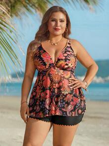 Swim Lushoire Đồ bơi Tankini họa tiết hoa cỡ lớn cho nữ, đồ bơi Tankini họa tiết hoa cho kỳ nghỉ hè - màu đen - Xem 3