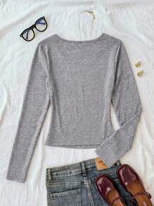 SHEIN Teen Girl All-Match Casual Versatile Solid White Knit Round Neck Loose Long Sleeve Lace Bow T-Shirt Top, Back-To-School, Cute Suitable For All Seasons , Spring, Summer, Autumn, Winter Cute Top - Grey - View 2