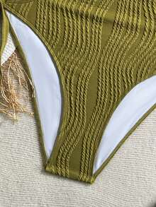 Soleia Áo tắm liền thân cỡ lớn dành cho nữ, màu xanh ô liu, chất liệu dệt jacquard, cổ chữ V, hở lưng, buộc dây phía trước. - màu xanh lá - Xem 6