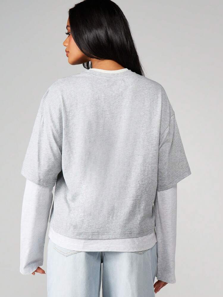 MISSGUIDED 二重レイヤー オーバーサイズ ロングスリーブ クルーネック Tシャツ コントラストスリーブ カジュアル ストリートウェア