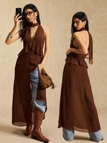 Easelle فستان نسائي أنيق من الشيفون البني بياقة على شكل حرف V وظهر مكشوف - بني مخاوي - مشاهدة 7