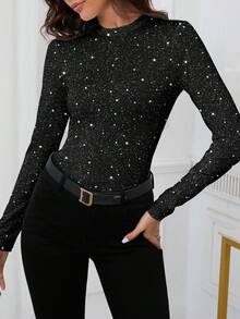 SHEIN Clasi New Year Black Casual Minimalist Glitter & Pearl-Like Print Knit T-Shirt - Chic Autumn/Winter Top For Outings, Parties, Gatherings, Club, Family Wear, And Office Commuting Spring - Multicolor - View 1