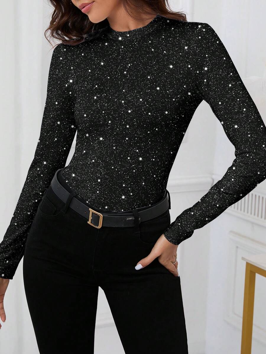 SHEIN Clasi New Year Black Casual Minimalist Glitter & Pearl-Like Print Knit T-Shirt - Chic Autumn/Winter Top For Outings, Parties, Gatherings, Club, Family Wear, And Office Commuting Spring - Multicolor - View 1