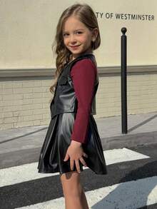 3pcs/Set Young Girls Punk Style Sleeveless PU Leather Jacket, Long Sleeve Top & Leather Skirt, Daily Wear Spring/Summer - Black - View 5