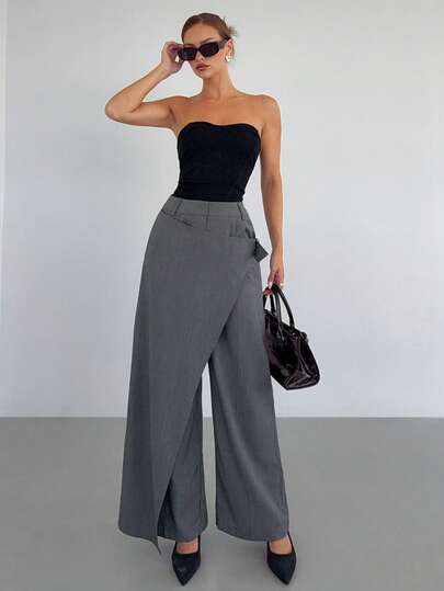 Siren Gaze Women's Casual Dark Grey Layered Design Suit Pants, Autumn/Winter
