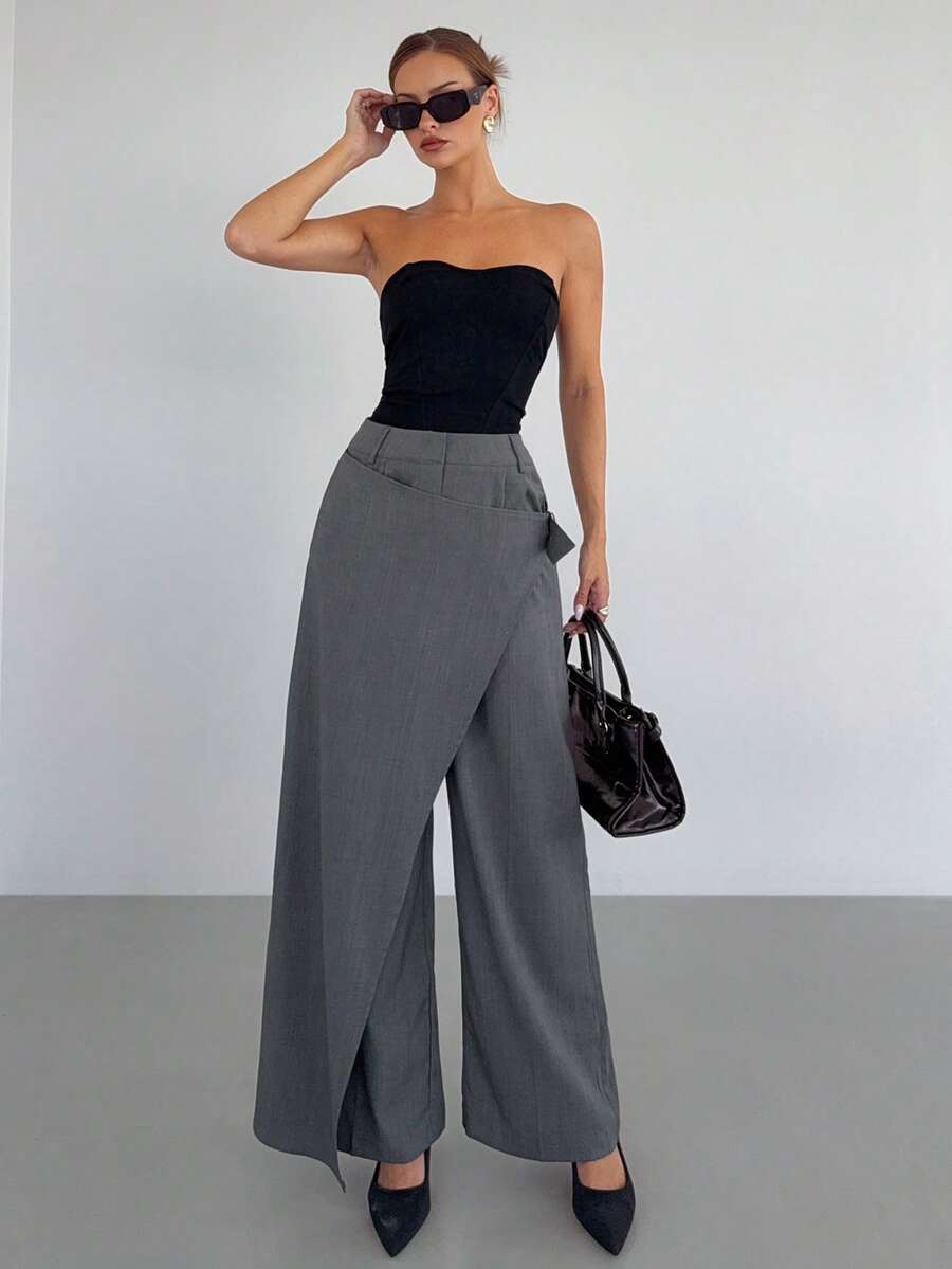 Siren Gaze Women's Casual Dark Grey Layered Design Suit Pants, Autumn/Winter Dress Pants High Waist Pants Pants Wide Leg Grey Pants - Grey - View 1