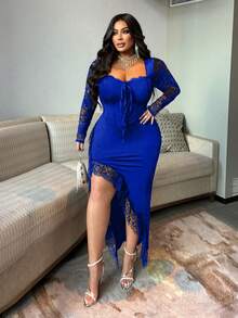 NU&NOW 大码女式纯蓝色心形领口蕾丝拼接系带性感优雅开衩长袖连衣裙，适合约会、通勤、派对、度假等场合。 - 寶藍色 - 查看 5