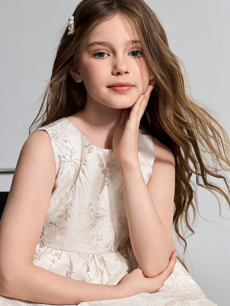 Tween Girl Woven Jacquard Mesh Patchwork Sleeveless Elegant Apricot Dress