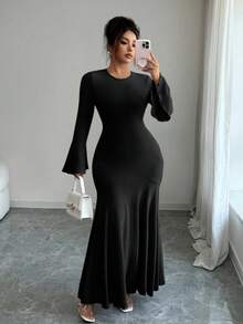 Elenzga 大码女式休闲纯色罗纹修身长裙 - 黑色 - 查看 3