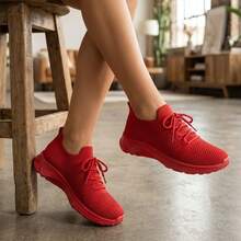 Mujer Zapatillas Deportivas De Tejido De Punto Transpirable Con Cordones Suela Gruesa Rojos - Rojo - Ver 4