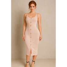 Vestido Largo de Tirantes con Botones de Lineas Maxi para Mujer Dama Sexy Lindo Verano Playa Vacaciones Casual Básico - Caqui - Ver 4