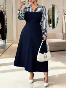 SHEIN Elenzya Váy dài tay cổ chữ V họa tiết sọc cổ điển cỡ lớn dáng chữ A thời trang thanh lịch thoải mái thường ngày 2 trong 1 dành cho nữ - Xanh và trắng - Xem 1