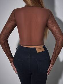 Glamine Women Floral Lace Cutout Long Sleeve Cropped Fitted Fashion Blouse Fall Cloth For Women - Brown - View 2