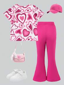 两件套女童休闲日常棕色蝴蝶结短袖T恤和黑色喇叭裤，可爱活泼的夏季套装