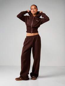 MISSGUIDED Sudadera con capucha con cremallera y logo bordado, con detalles de bajo acanalado para otoño e invierno, para un estilo casual y cómodo - Café integral - Ver 5