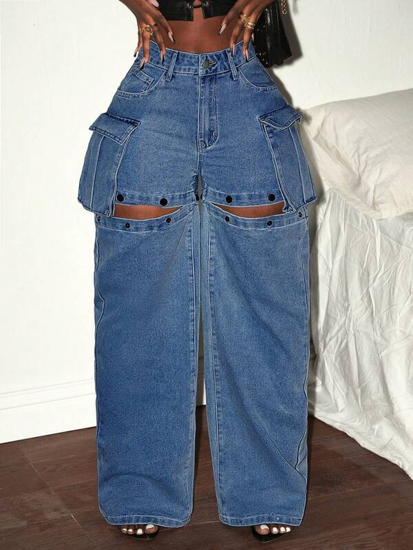 Slaydiva Plus Size Women Loose Casual Denim 2-In-1 Detachable Wide Leg Pants