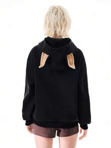 Bloopia Women's Woven Sweatshirt With Doberman Ear Design, Long Sleeve, Fashionable Loose Fit Pullover Sweatshirt For Autumn