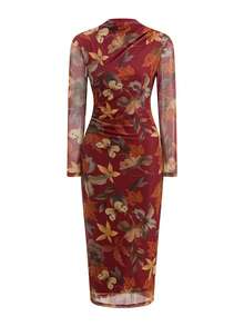 Ellevyn 女士印花立领优雅收腰长袖中长连衣裙，适合派对和活动 - 彩色 - 查看 6