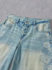 Manfinity Denimwave 男士休闲印花做旧直筒牛仔裤 - 淺色水洗藍 - 查看 4