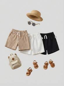 SHEIN Playful Pals 3pcs Baby Boys Toddler Infant Kids Casual Basic Simple Fashion Brown Striped Pattern And White Black Solid Color Elastic Waist Drawstring Pocket Shorts Shorts Bottoms Trousers Soft Clothes For Daily Wear School Park Play Outdoor Summer Spring Baby Summer Shorts Baby Boy Shorts Pack Toddler Boy Clothes For Summer 3 Piece Babyboy Short - Multicolor - View 10